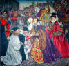 Peinture reprsentant deux femmes portant des robes richement brodes serrant la main de deux nobles  genoux dans la rue. Des gardes en uniforme rouge se tiennent devant la foule.