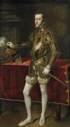 Portrait en pied d'un homme barbu portant une armure recouverte de dorures