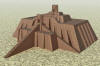 reconstitution en 3D. Empilement de temples rectangu laires surmont d'une tour d'observation